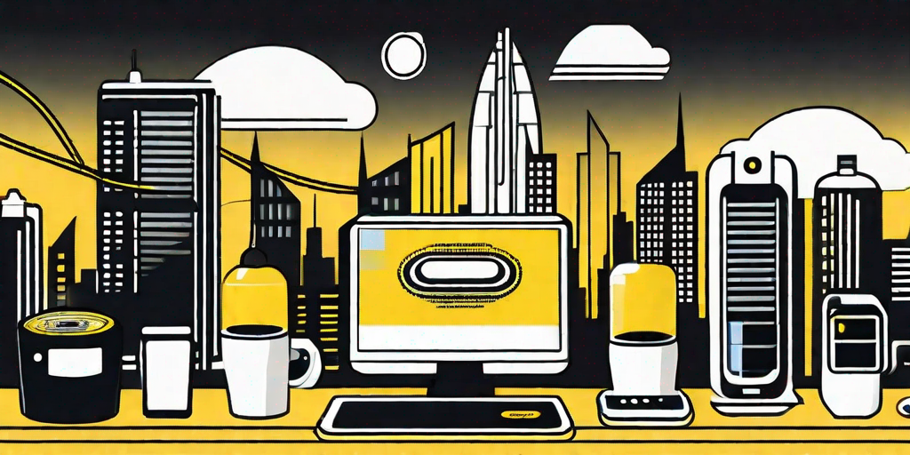 A chatbot symbol interacting with various digital devices (like a smartphone