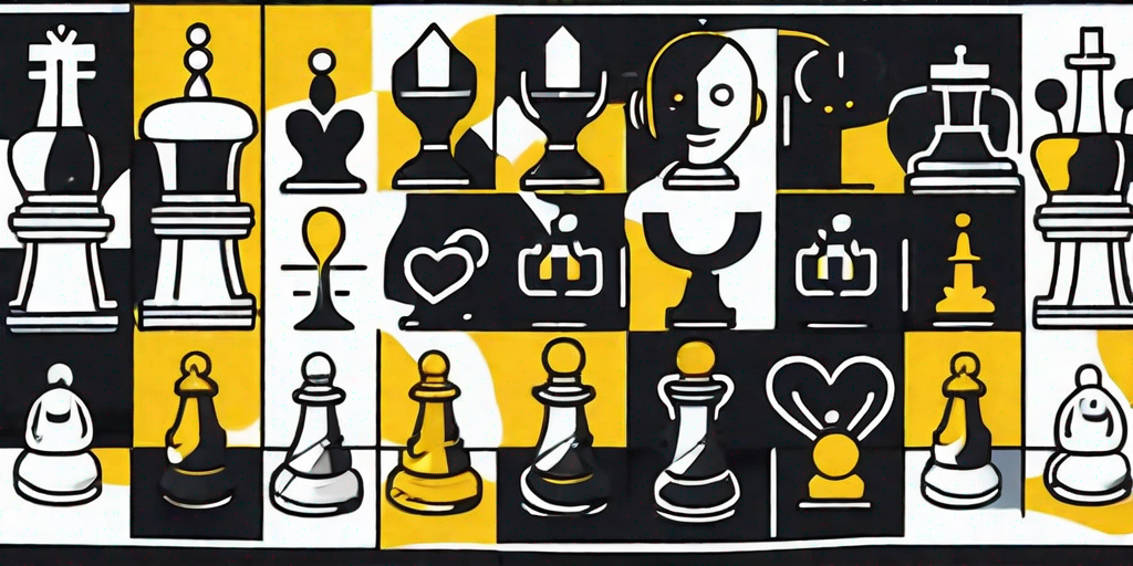 A chessboard with traditional pieces on one side and symbolic customer service elements like a headset