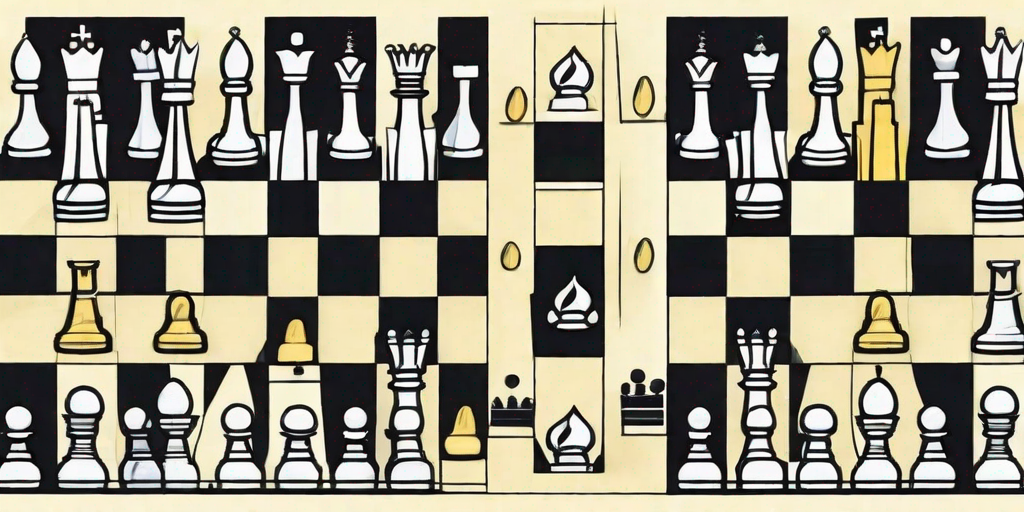 A chessboard with traditional chess pieces on one side and unique