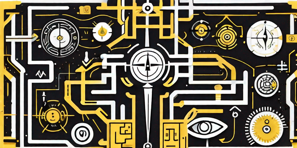 A compass navigating through a complex maze of artificial intelligence symbols and brand icons