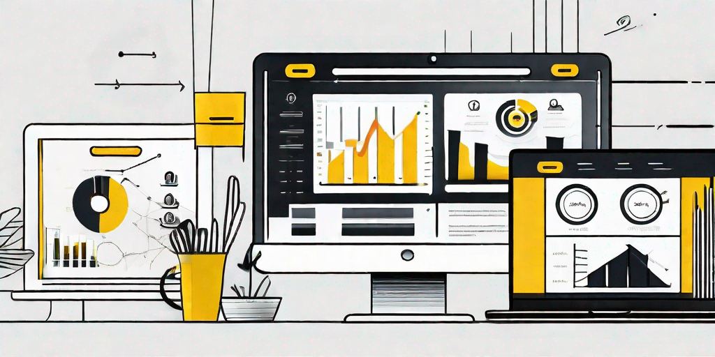 A creative digital workspace with multiple screens displaying various digital marketing strategies and analytics