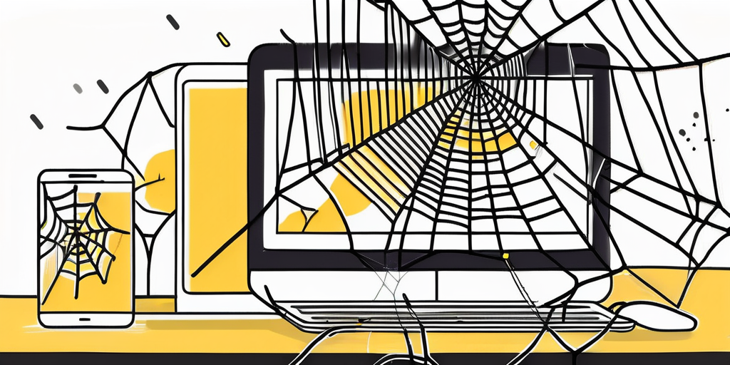 A spider web connecting different digital devices like a laptop
