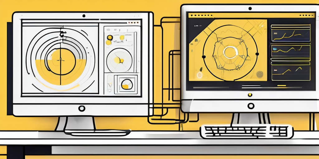Two stylized computer screens side by side