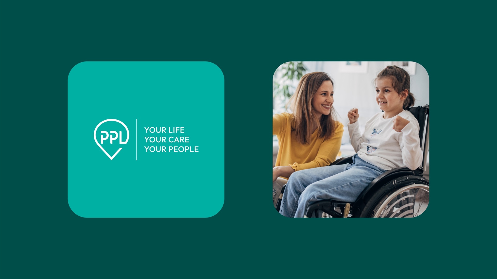 PPL logo and a Mother and young kid in wheelchair taking a selfie in the living room.