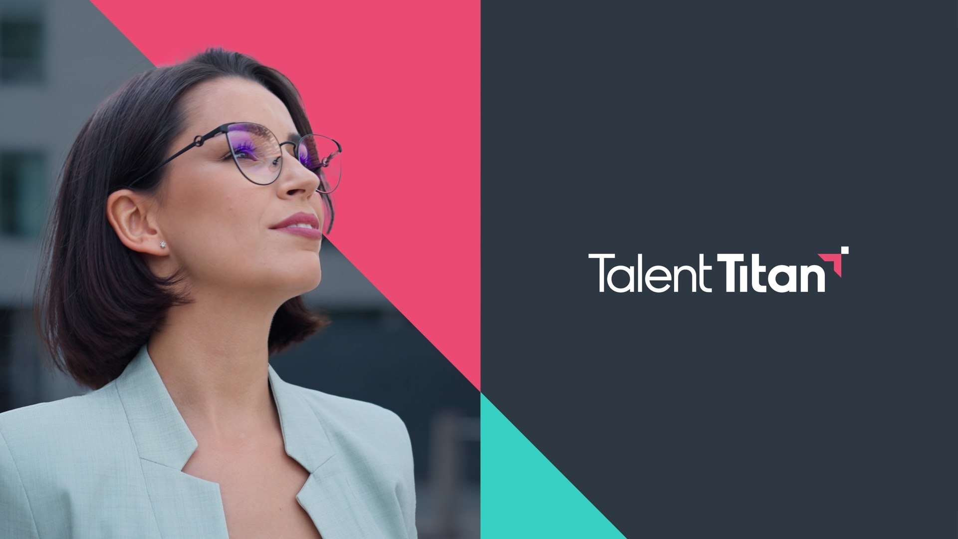 a woman wearing glasses and looking up over colored geometric shapes and the title Talen Titan