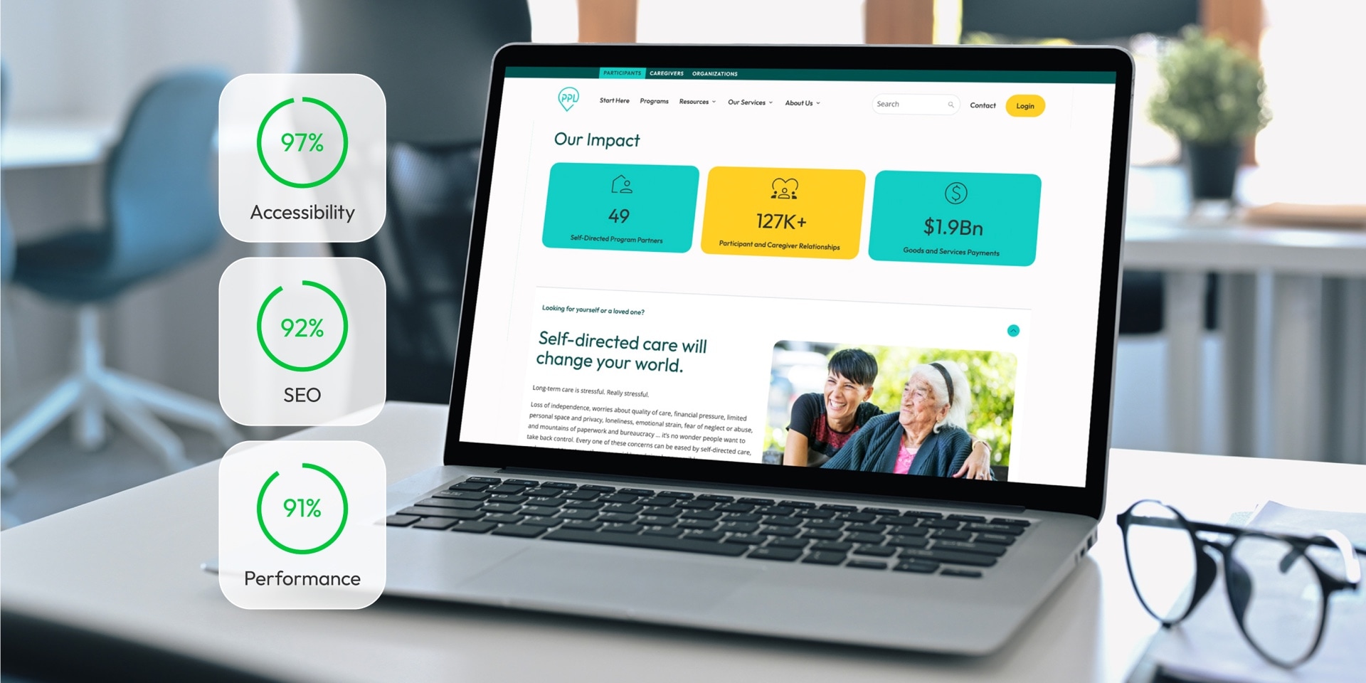 A laptop displaying PPL's website with graphs of SEO, Accessibility and Performance.