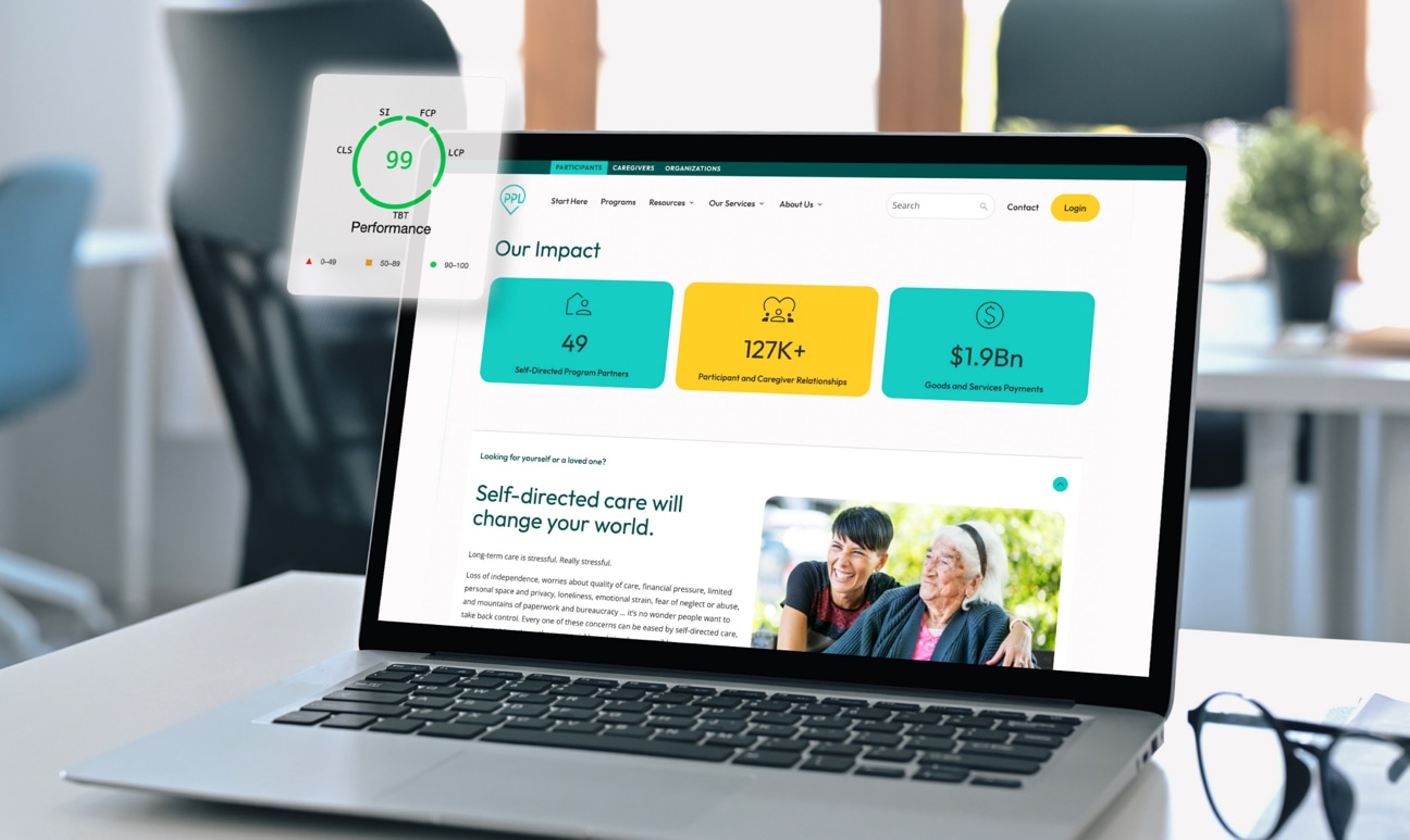 Laptop screen showing webpage with a floating tile in front of the laptop showing that it got a 99/100 performance score for accessibility on Lighthouse