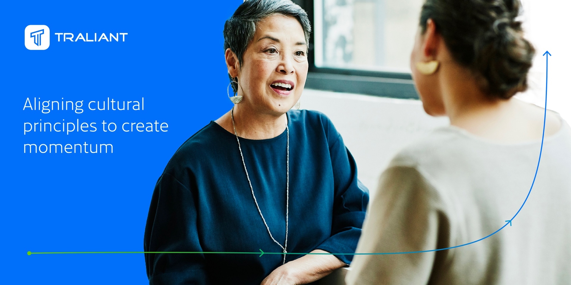 Example of the design system developed for Traliant: a photo of 2 woman in a business meeting with the headline: "Aligning cultural principles to create momentum"