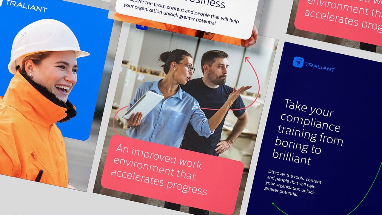 The design system developed for traliant showcased on a series of touchpoints including digital screens and brochures