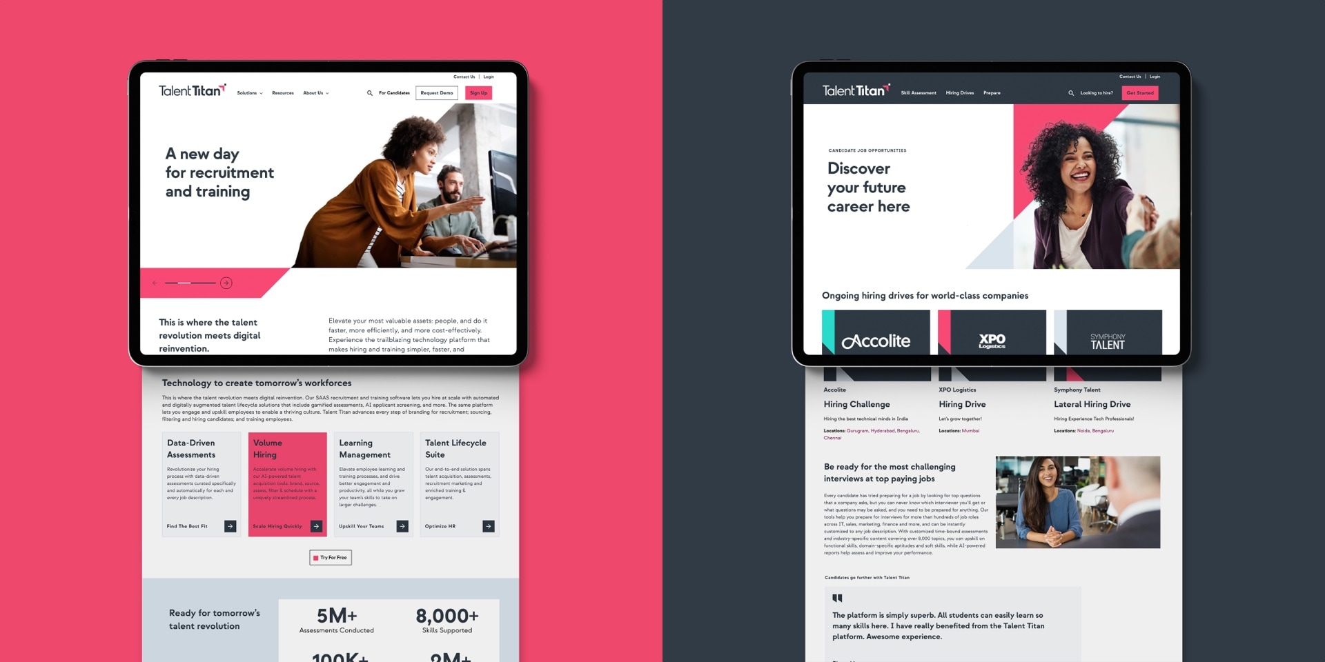 Two tablets displaying the website developed for Talent Titan, each one for different audiences