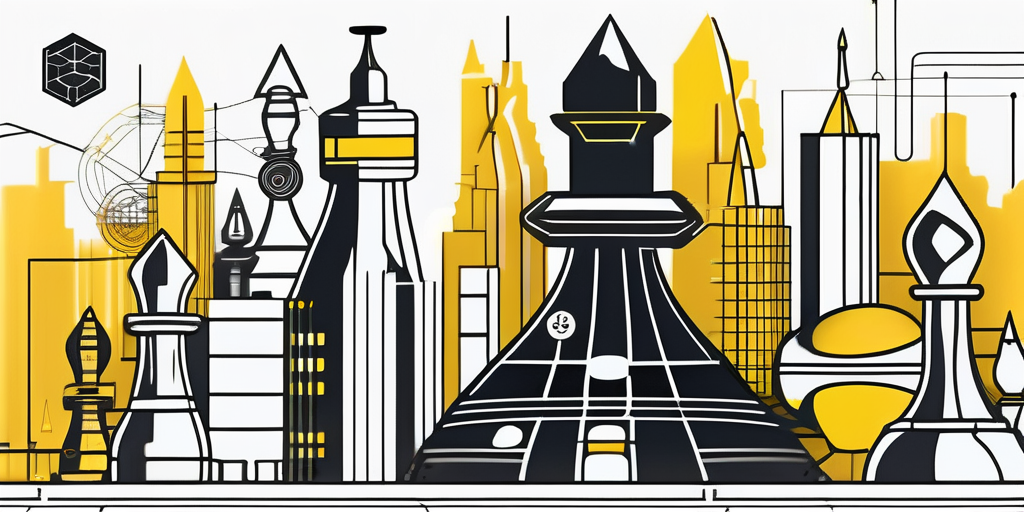 A futuristic cityscape with prominent buildings shaped like ai symbols