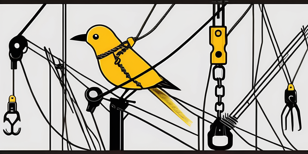 A bird trying to fly but tied down by strings attached to various construction tools