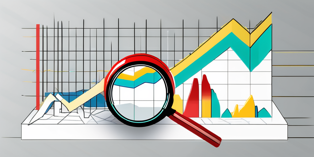 A magnifying glass hovering over a 3d graph representing market trends