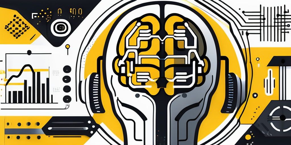 A digital brain and marketing symbols like a target and megaphone