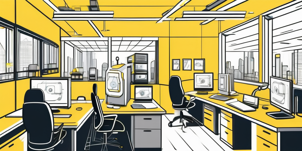 A futuristic office environment with ai-powered machines and computers