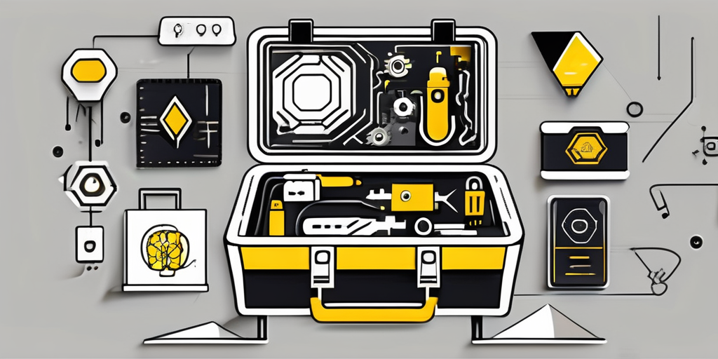 A futuristic-looking toolbox filled with various artificial intelligence symbols and marketing icons
