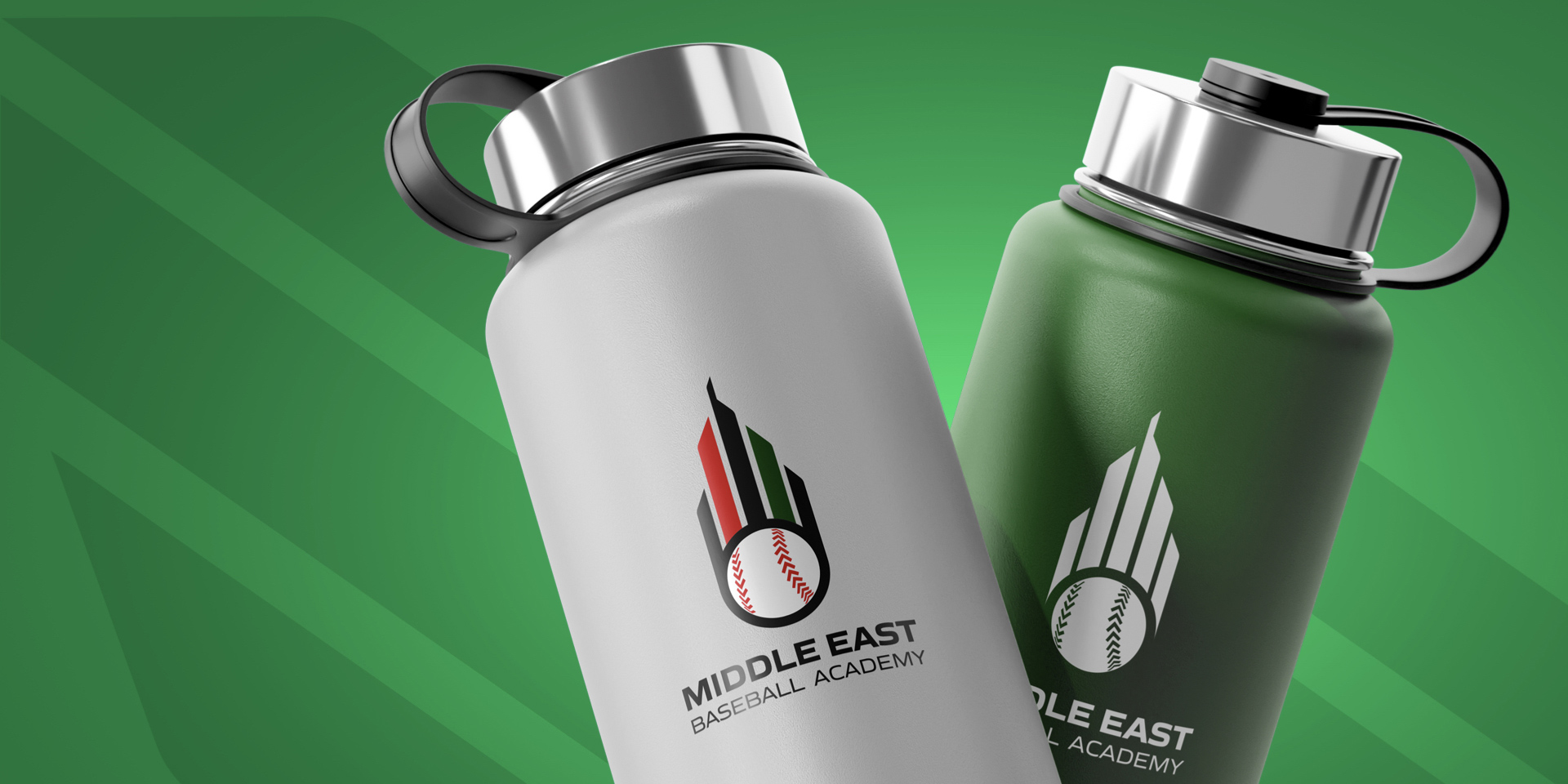 The Middle East Baseball Academy logo design on water bottles that will be used as merchandise for the baseball brand.