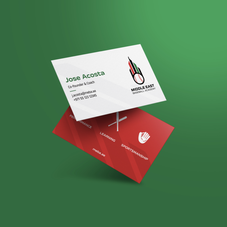 Business card designs incorporating baseball icons as part of the corporate stationery kit.