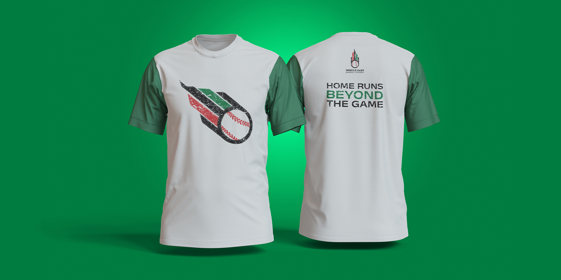 A white and green T-shirt design which will be used as merchandise for a baseball academy.