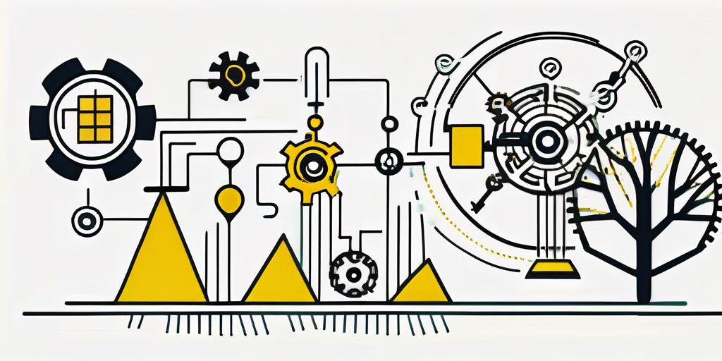 A digital landscape with various technological elements (like gears