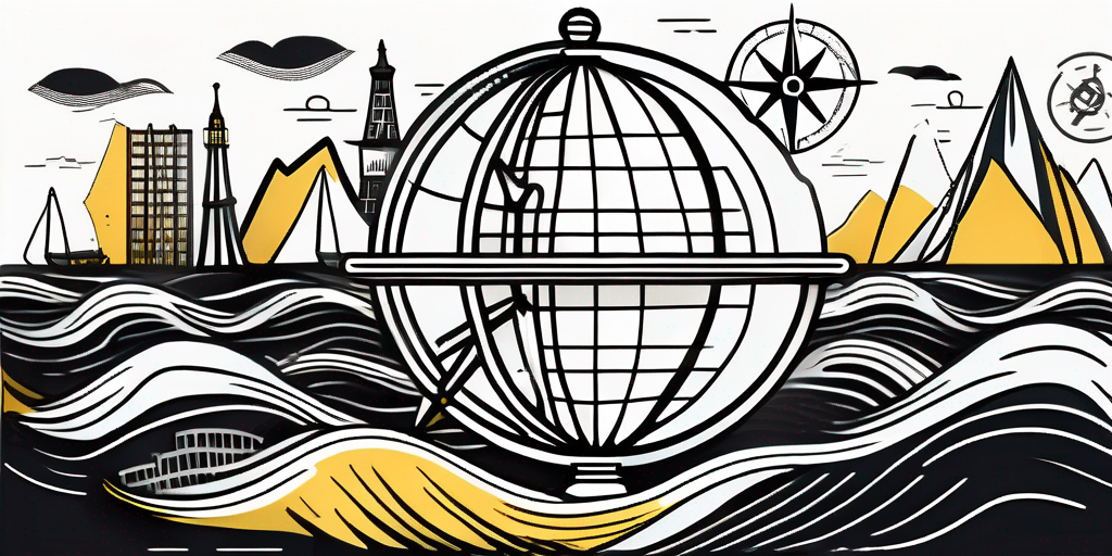 A globe with various iconic landmarks from different countries