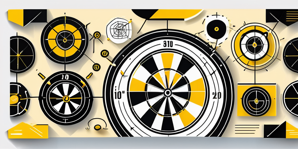 A dartboard with various marketing symbols as targets