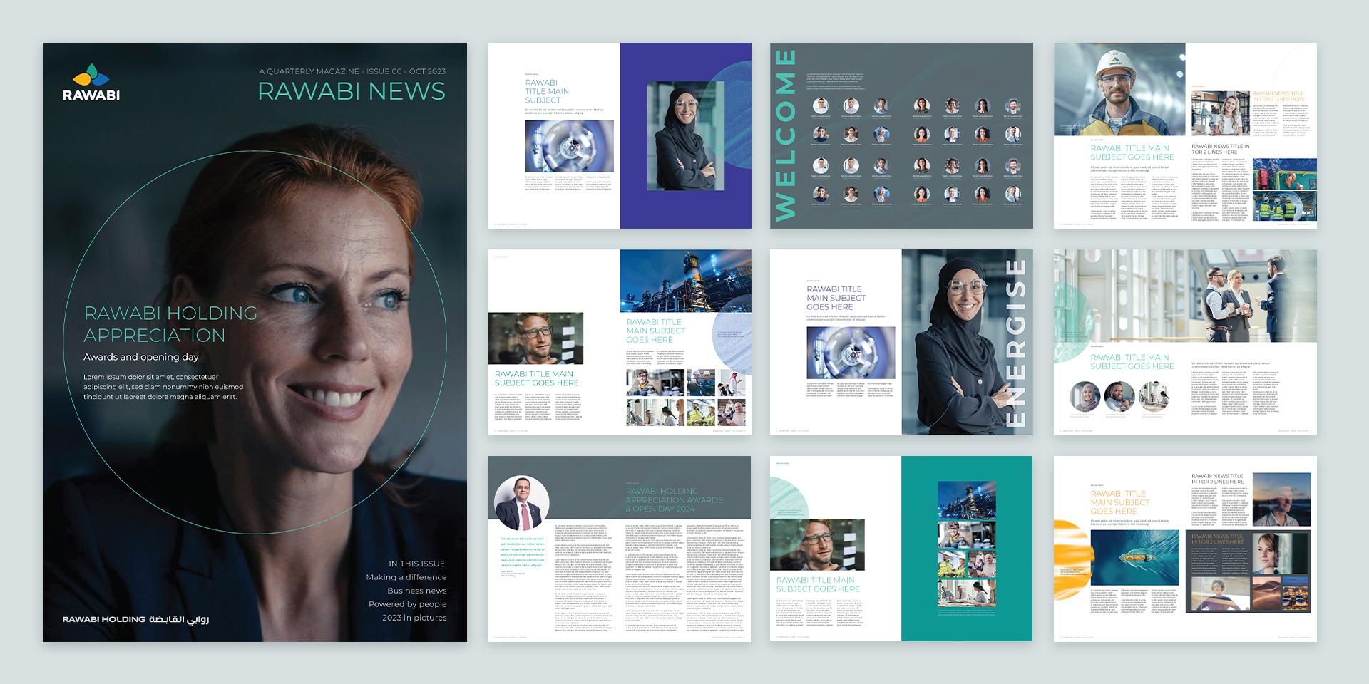 Overhead shot of the Rawabi quarterly digital magazine design layout against a grey background.