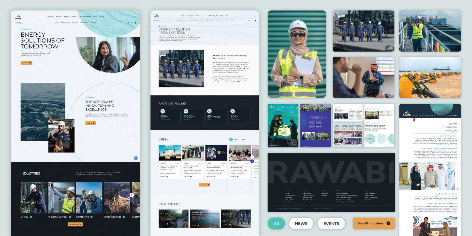 Overhead shot of all of Rawabi’s digital work, including full page screenshots of landing pages from the Rawabi website, images from the custom photoshoot, UI design elements, and the newsletter design.