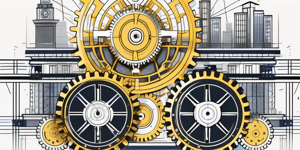 An intricate blueprint that features interconnected gears and cogs