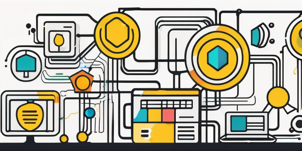 An abstract representation of various content management system icons interconnected by a network of colorful lines