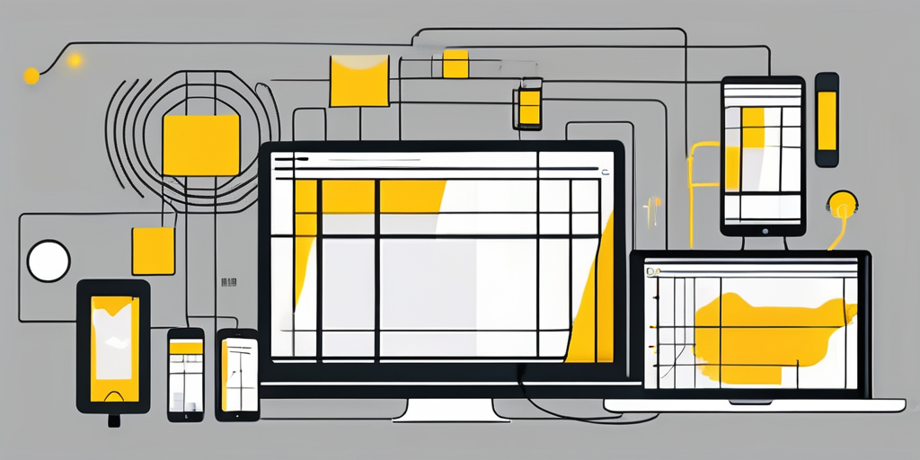 An interconnected grid of diverse digital devices displaying various ui elements and design components