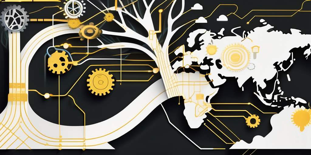 An abstract representation of a technology roadmap intertwined with a growing tree