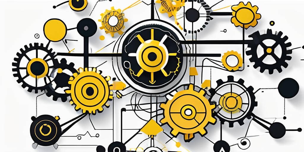 An interconnected web of vibrant gears and arrows