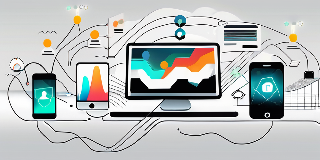 A vibrant digital landscape featuring interconnected touchpoints such as smartphones