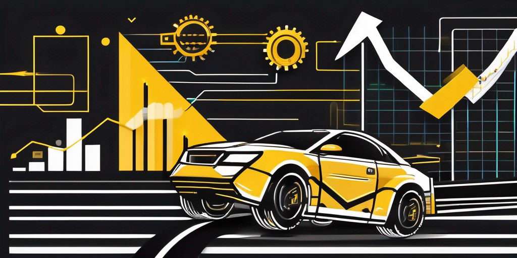 A dynamic race track with various growth-related symbols like upward arrows