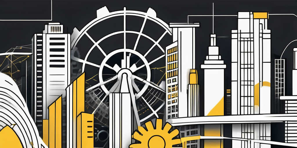 Draw an illustration of a dynamic city skyline composed of interconnected digital structures and networks