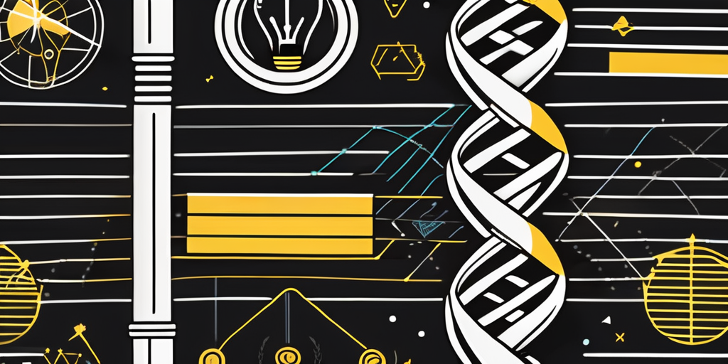 An abstract representation of a dna strand intertwined with various symbols of branding