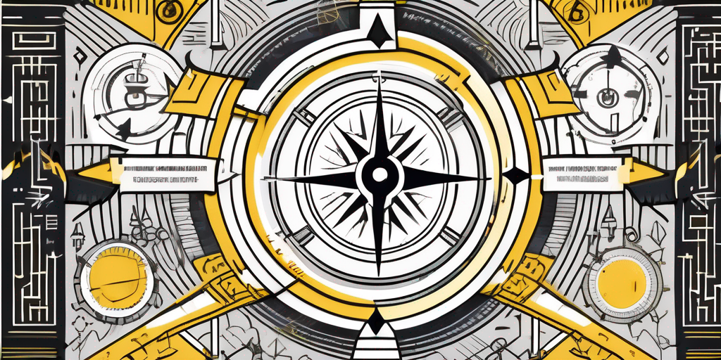 An intricate compass surrounded by various symbols representing challenges in rebranding