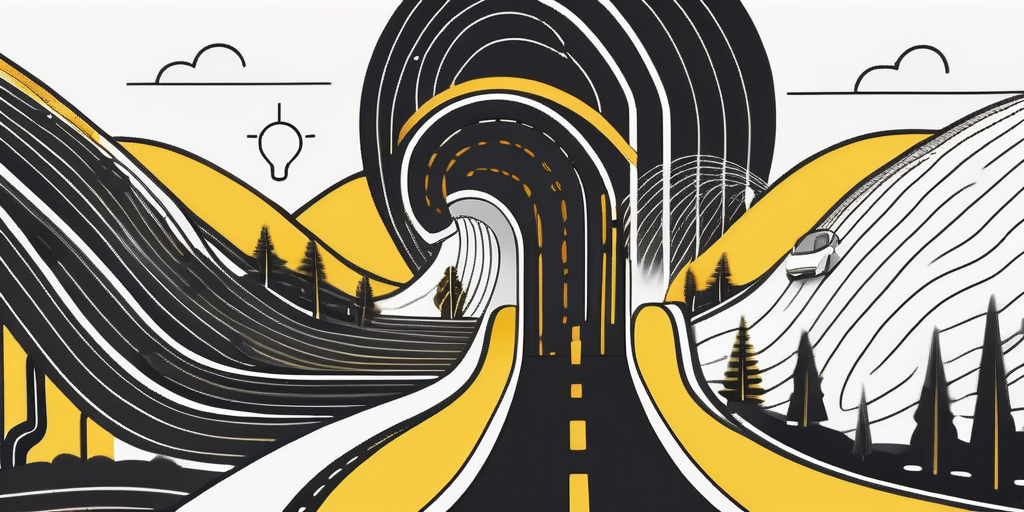 A winding road that seamlessly integrates elements representing marketing and product development