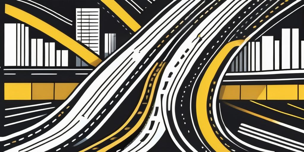 An abstract representation of a dynamic pathway or road that weaves through various vibrant brand elements