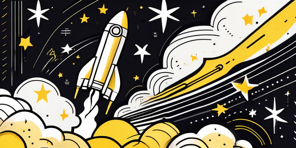 An upward-pointing rocket taking off from a launchpad