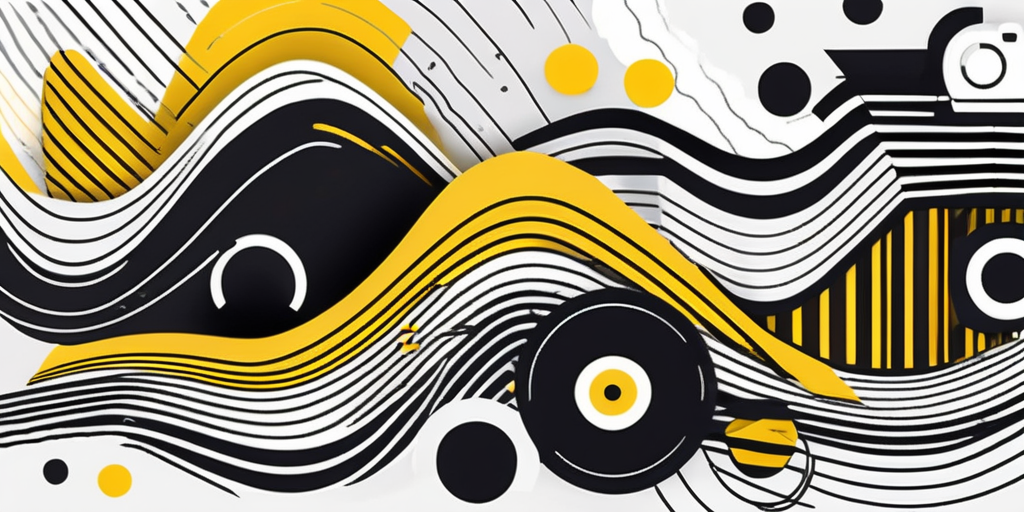 An abstract representation of sound waves morphing into various shapes and colors