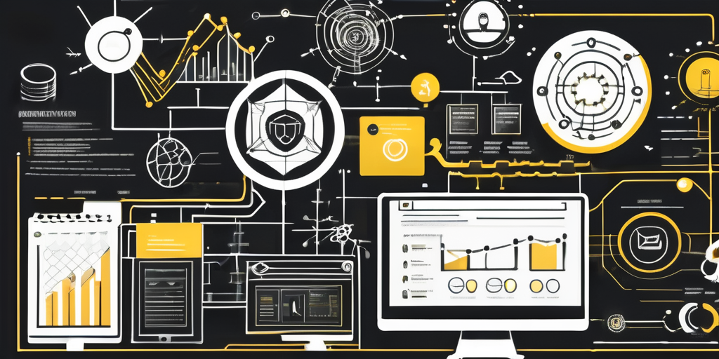 An intricate blueprint-style layout featuring key digital marketing elements such as social media icons