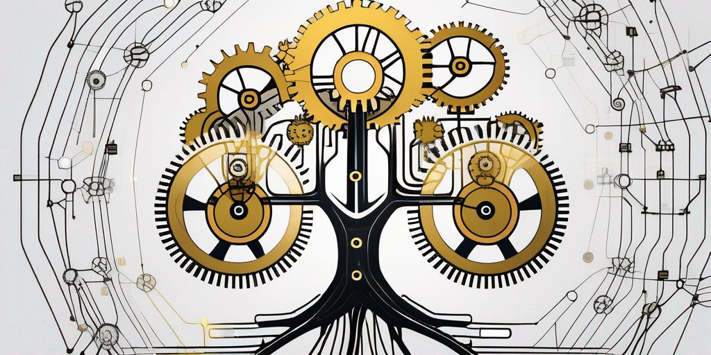 An abstract representation of a growing tree made of interconnected gears and circuit patterns