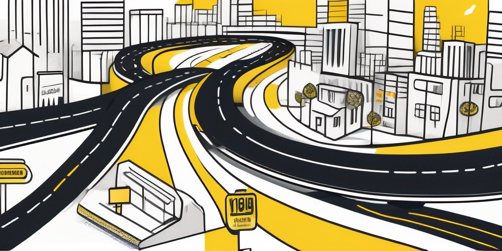 A winding road that transitions from a sketch of a product concept at one end to a vibrant market scene at the other