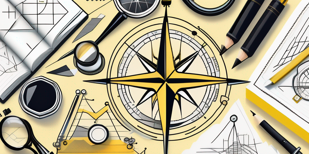 An intricate compass surrounded by various research tools like magnifying glasses