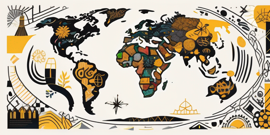 An abstract globe made up of interconnected cultural symbols and motifs from various countries