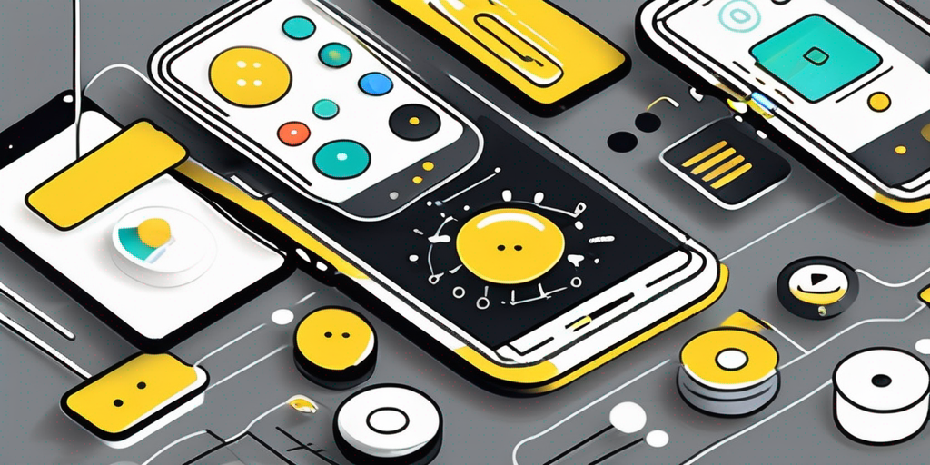 Draw an illustration of a vibrant mobile device surrounded by various engaging ui elements like colorful buttons