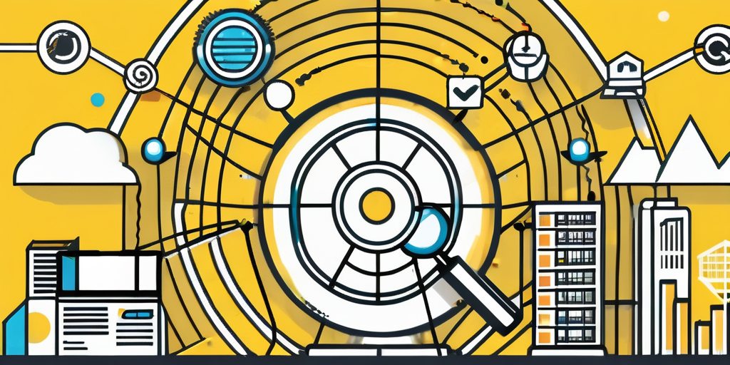 An upward-trending graph intertwined with digital marketing icons such as a magnifying glass