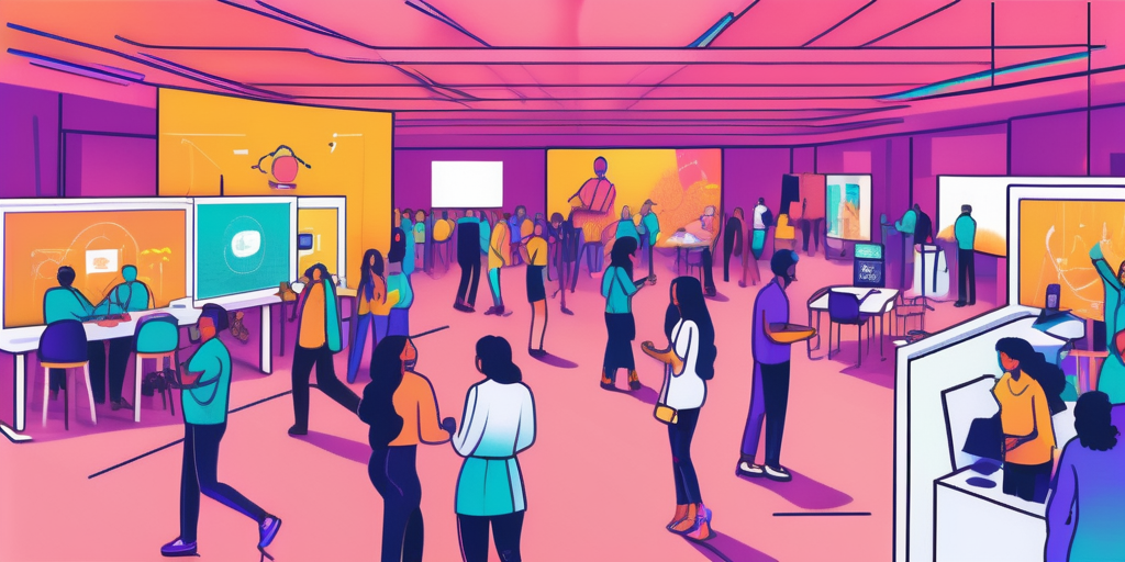 A dynamic split scene showcasing a vibrant virtual event on one side